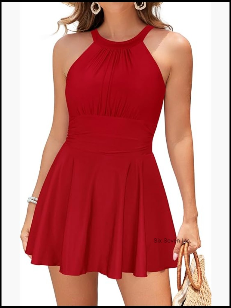 Elegant One Piece Swimdress High Neck Ruched Tummy Control Swimsuit With Shorts